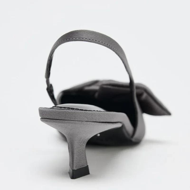 Элегантные Серые Туфли-лодочки на Низком Каблуке с Ремешком-слингбэк Женские Сексуальные Туфли с Острым Носком и Атласным Узлом на Каблуке Официальные Дизайнерские Туфли