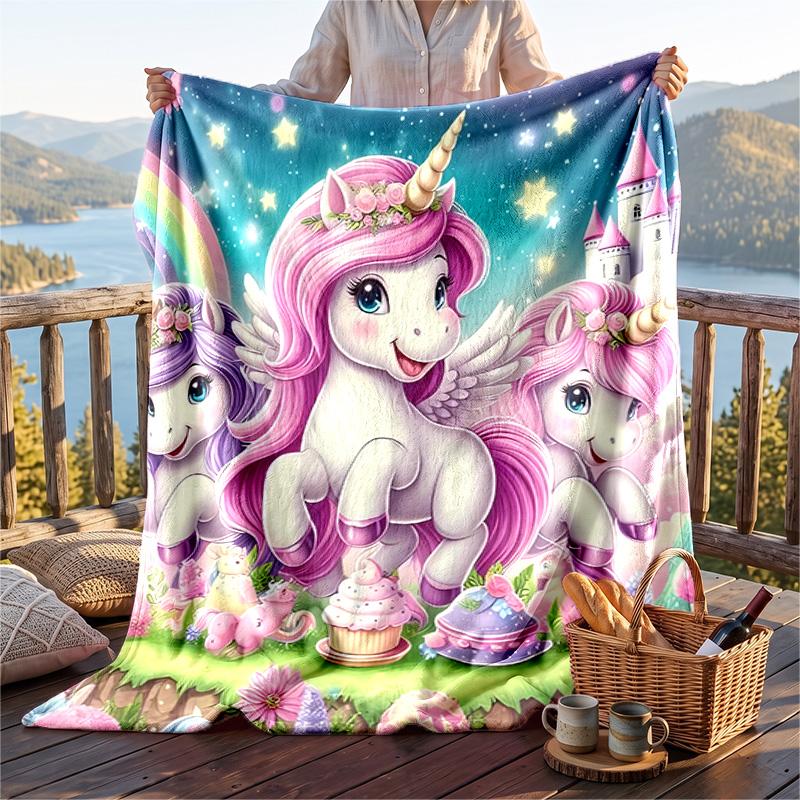 Warm Flannel Blanket Unicorn Pattern, Lightweight Comfortable Throw Blanket for Bed Sofa Use