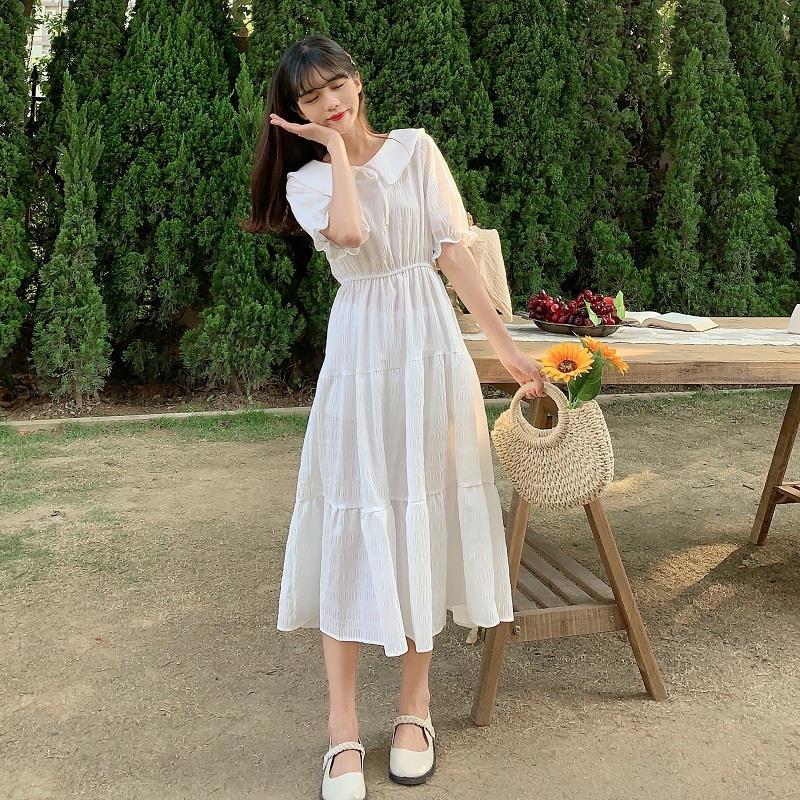 Cute Sweet Well-behaved Girl Solid Color Bow Ruffle Mid-length A-shaped Skirt Age Reduction Looser  Short Sleeve Dress