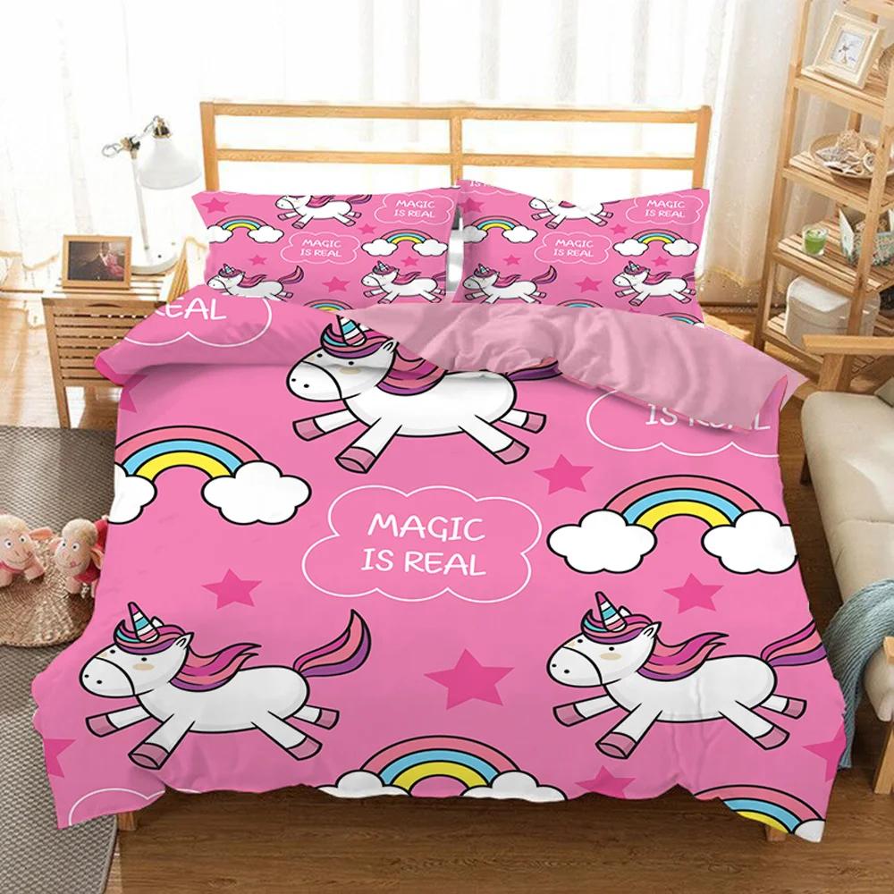 Unicorn Kids Girls Pink 3D Bedding Set Duvet Cover Sale Cartoon Bedcllothes Animal Printed Queen King Size Home Duvet Covers