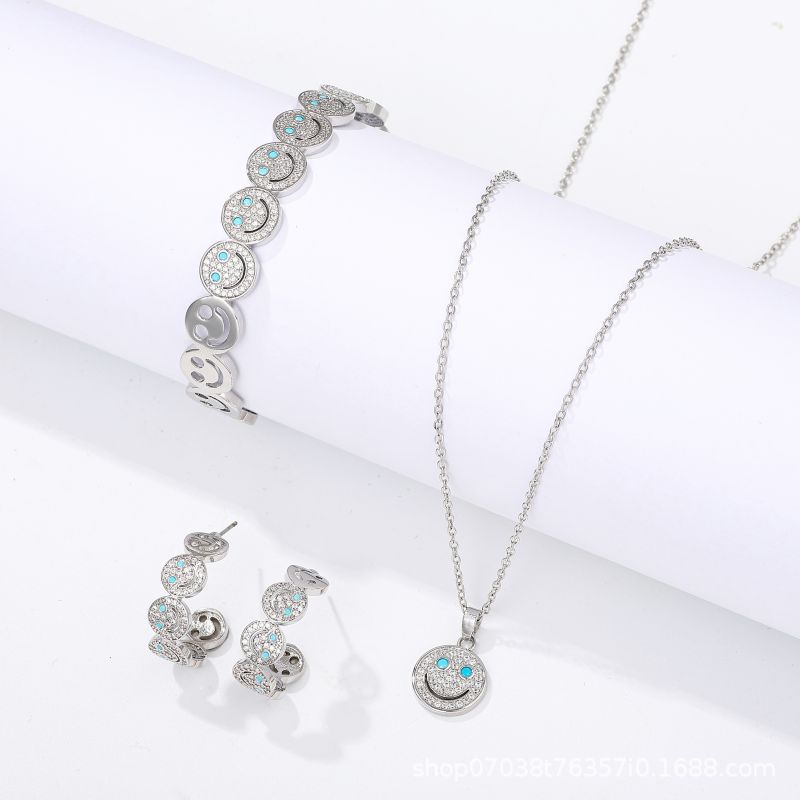 2026 Retro Bracelet Smiley Face Zircon Earrings Necklace Jewelry Set Micro-inlaid Hollow Female Versatile Collarbone Chain