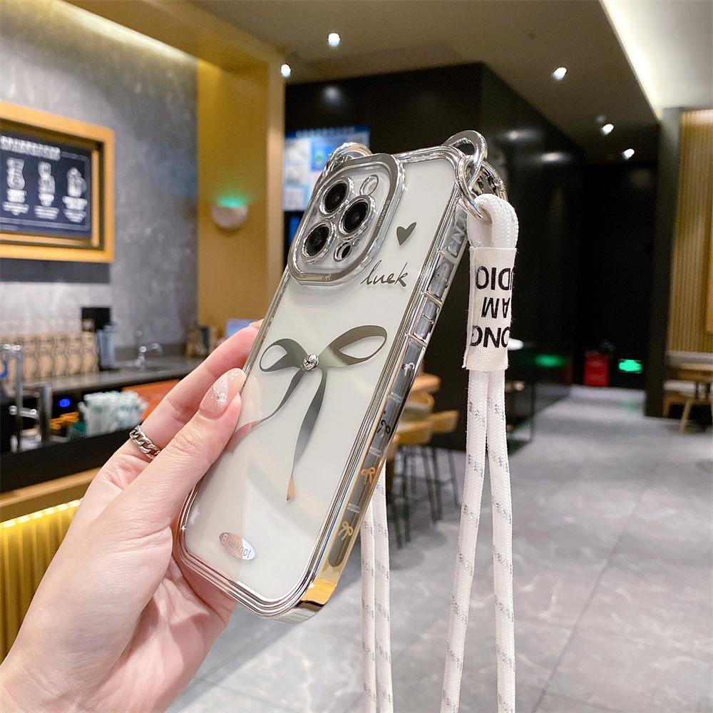 Cute Bear Ear Plating Case For iPhone 11 13 14 Pro 15 Pro Max 12 X Xs Max 7 8 Plus Crossbody Necklace Strap Bow knot Clear Cover