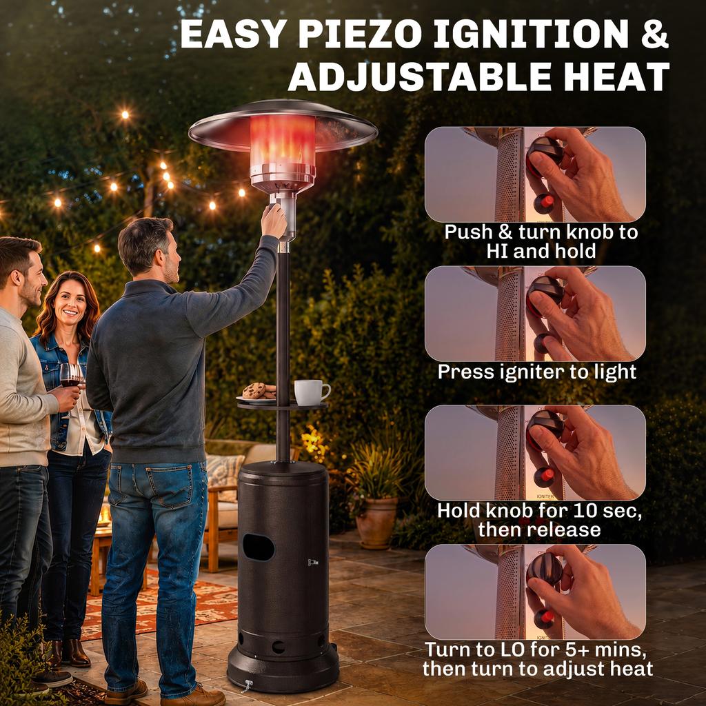 Gas Patio Heater with Table Tray, 13 kW Portable Propane Outdoor Heater with Piezo Ignition, Tip-over Protection, Brown