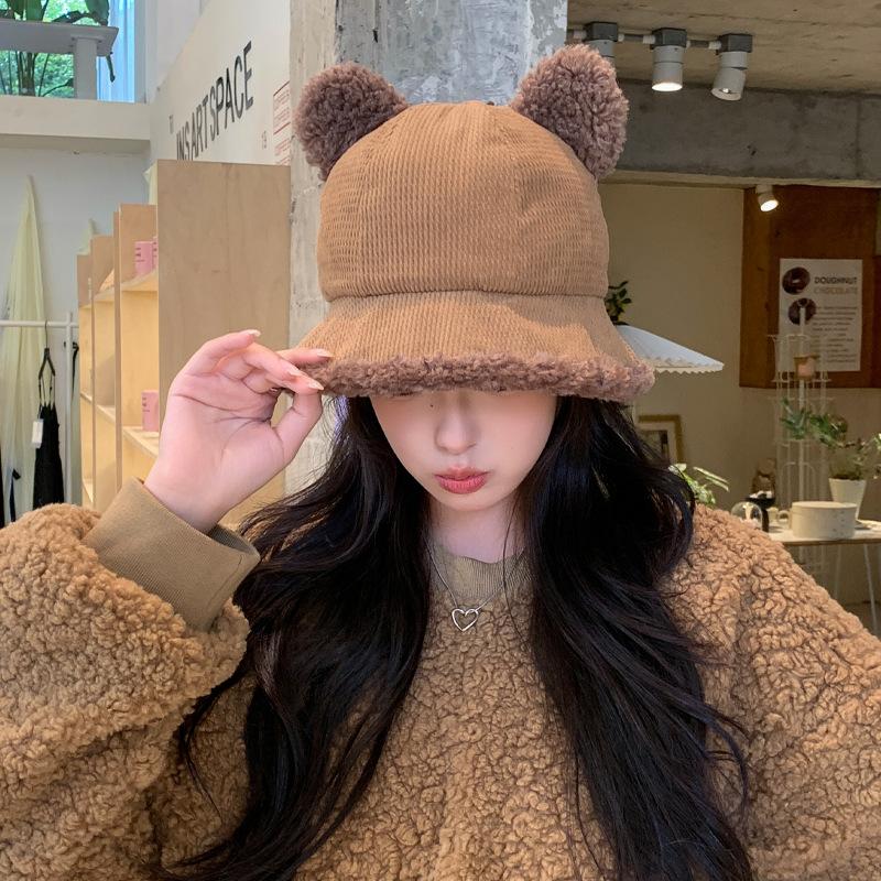 Women Autumn Winter Warm Thicken Ear Protector Hat Cold Fur Velvet Outdoor Bucket Hat Sweet Cute Teddy Bear Fisherman Cap