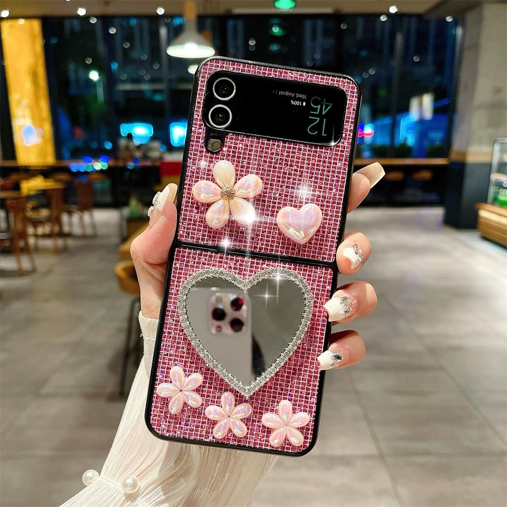 Роскошный чехол для телефона с бриллиантовым сердцем, зеркалом, жемчужным цветком и блестками для Samsung Galaxy Z Flip 3 4 5 6 5G