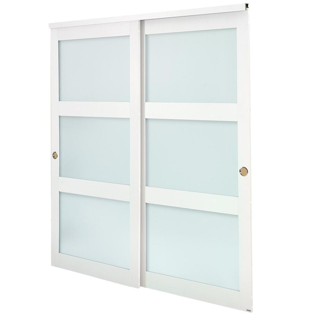 Sliding Closet Door, 1829mm (Double 940mm) x 2032 mm, 3-Lite Frosted Glass Bypass Sliding Doors with Hardware Kit, Solid Wood & MDF Slab with