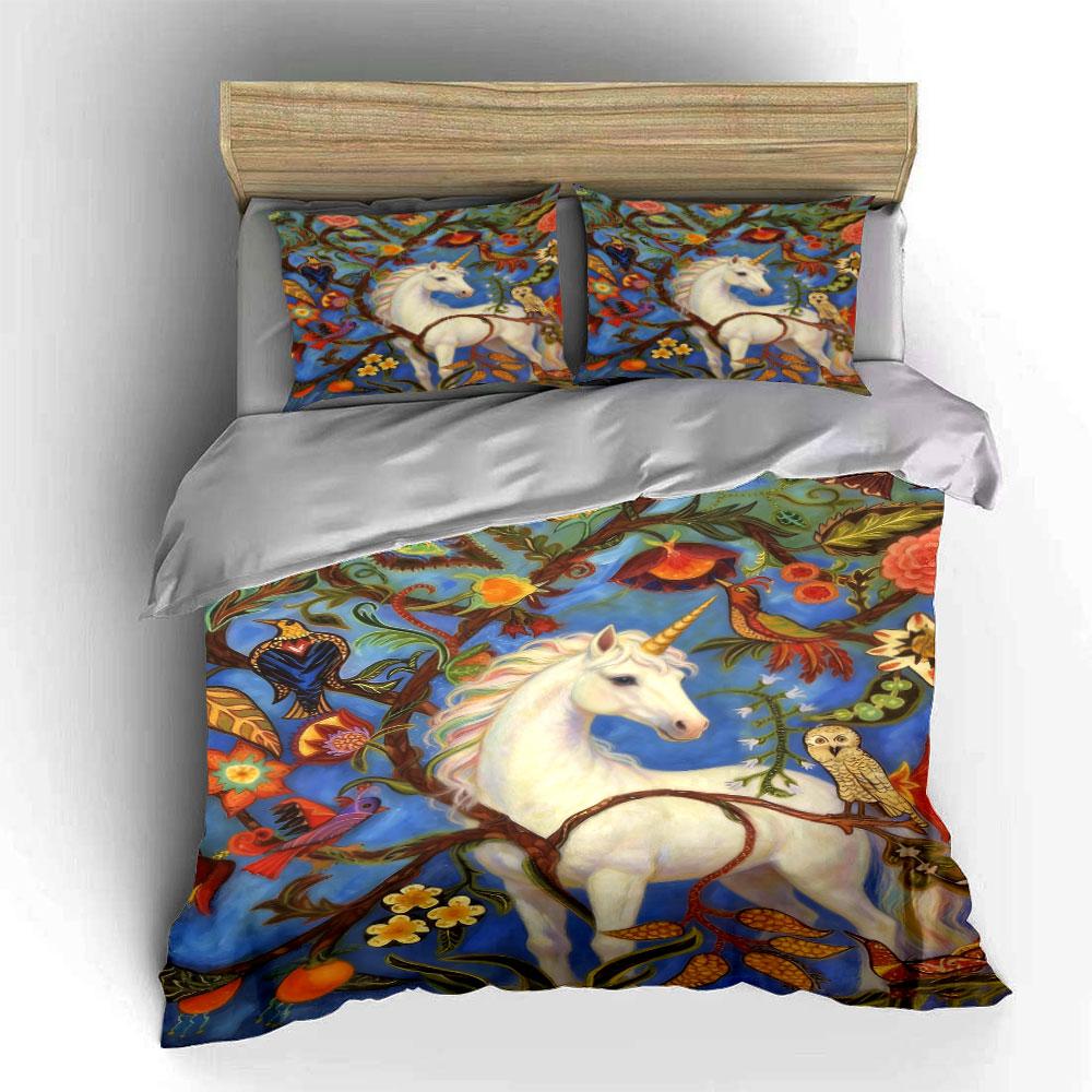 Unicorns, flowers, birds, branches. Bedding sets Duvet cover sets Duvet covers Pillowcases(1 * Duvet Cover 2 * Pillowcases without duvet insert)