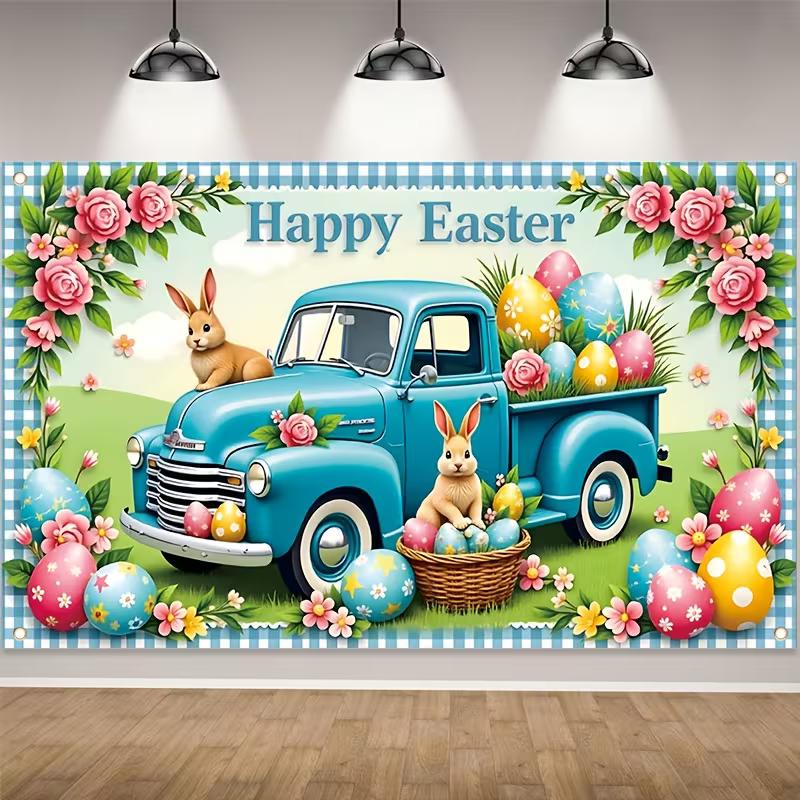 2D Easter Truck Photography Backdrop, Blue Truck with Colorful Eggs & Floral Photo Background