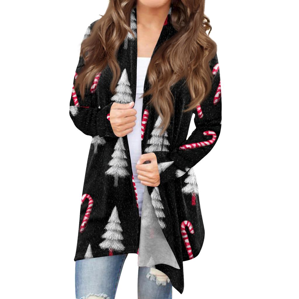 Women's Fashionable Loose-Fit Casual Cardigan With Christmas Print Mid-Length Coat