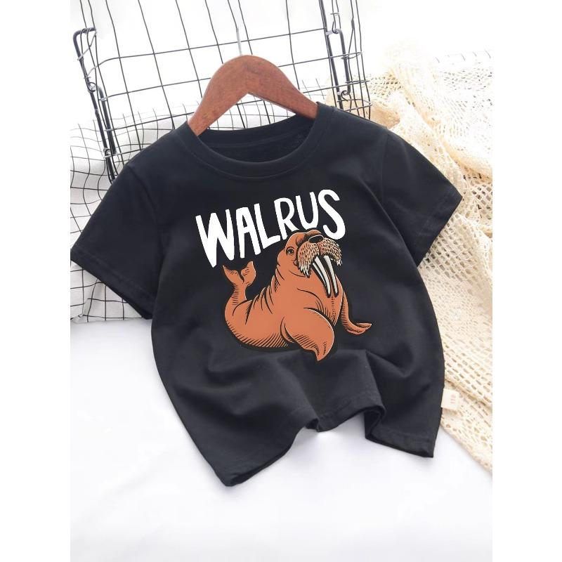 European sizes WALRUS Cotton Girl T-shirt Girl Creative T-shirt, Casual Lightweight Comfortable Short-sleeved Top, Summer Children's Clothing