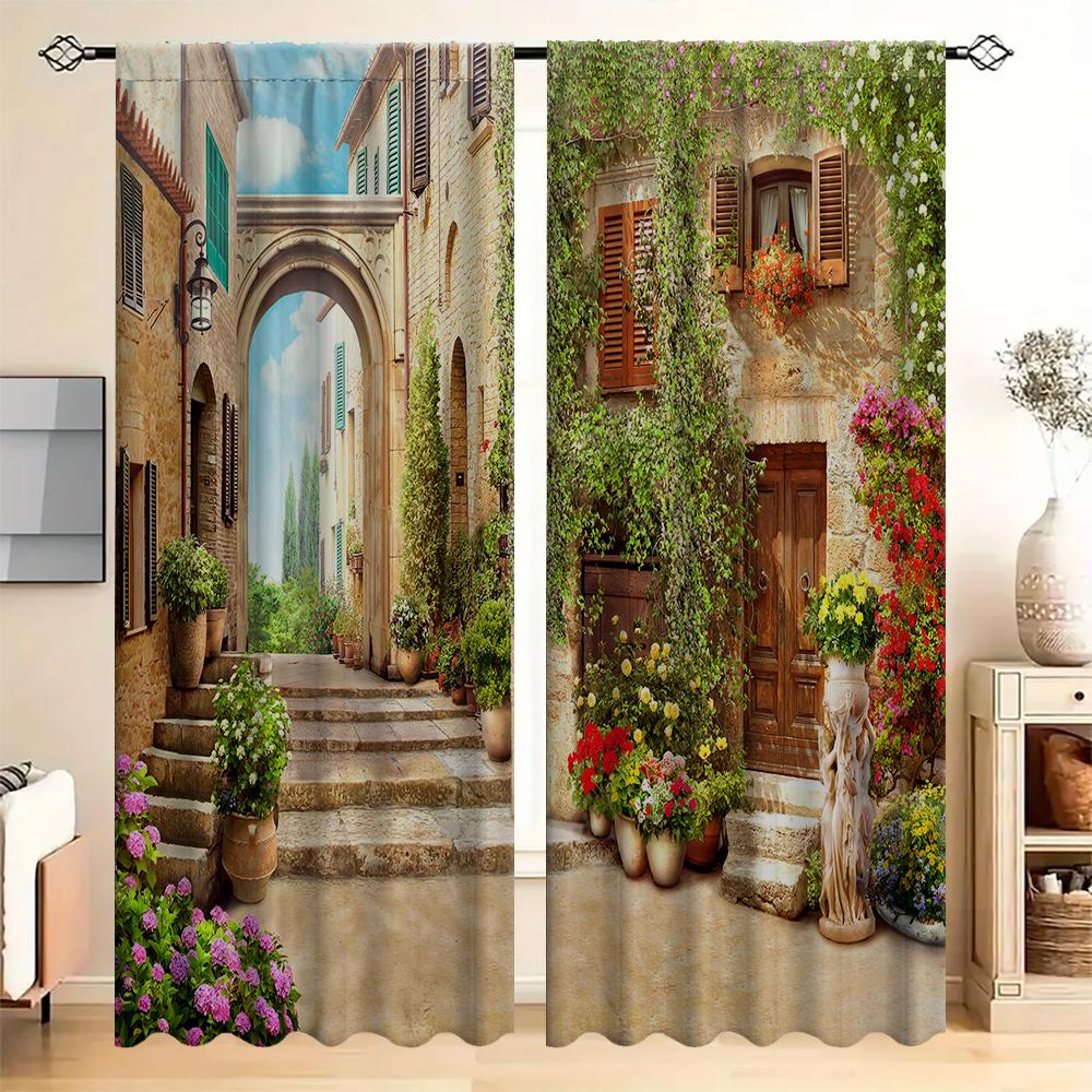 2PC Home Nostalgic Architecture Curtains With Landscape Background And Pole Pocket Curtains, Kitchen, Coffee Shop, Living Room,