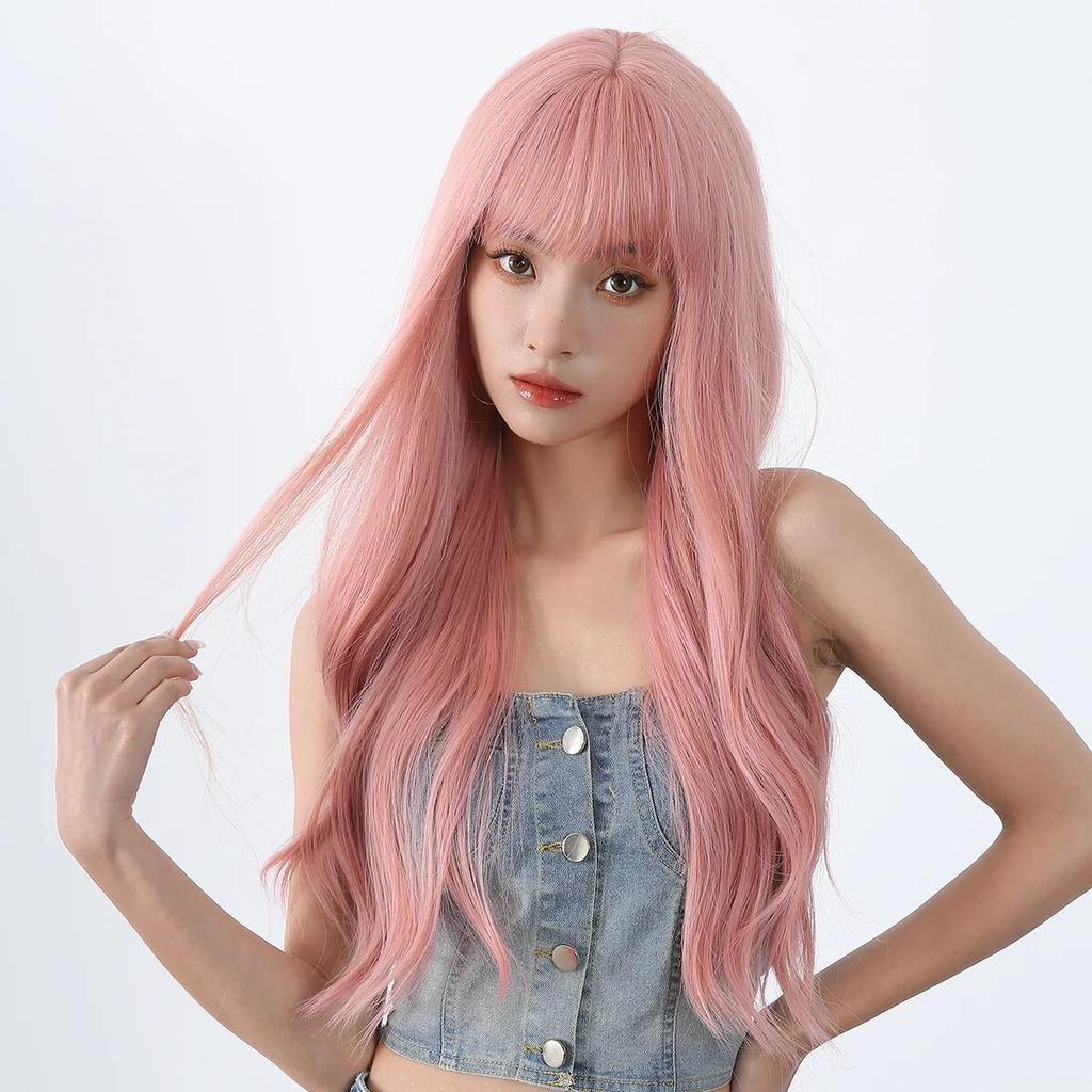 Розовый длинный волнистый синтетический парик с челкой, волосы Лолиты на Хэллоуин для белых женщин, красочный косплей, натуральный парик, термостойкое волокно