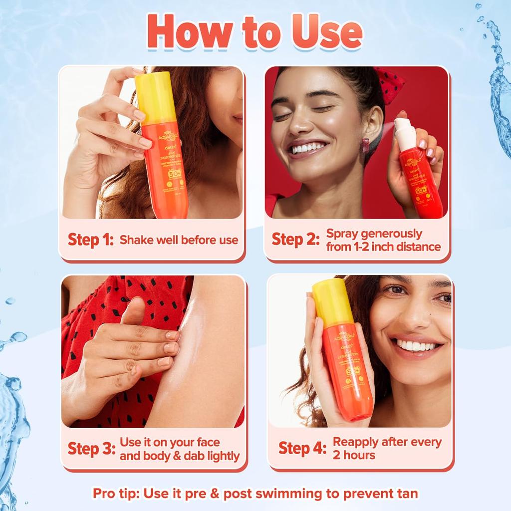 Aqualogica Detan+ Dewy Sunscreen Spray SPF 50+ PA++++ Hydrating Sweat Resistant Mess-Free 100 ml