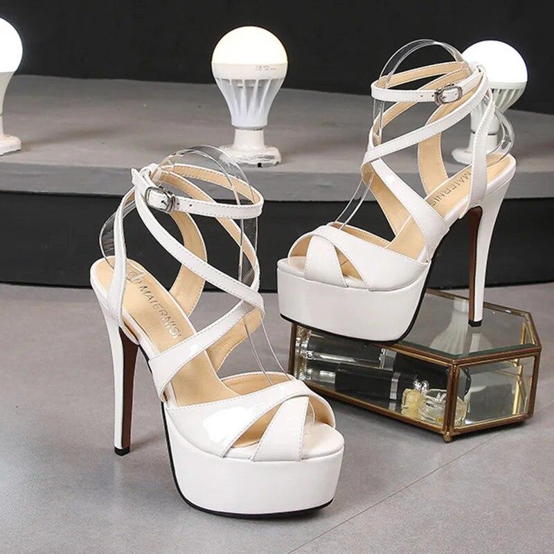 Женские туфли на шпильке с неглубоким глянцевым перекрестным ремешком, пикантная мода, каблук 14 см, платформа 4 см, WZ
