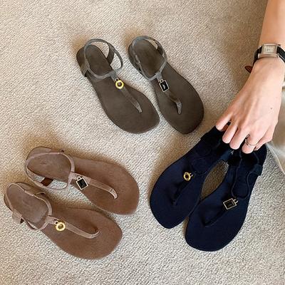 Тот же стиль~ Новый ретро дизайн с мандариновыми утками летом, Т-ремень с золотой пряжкой, сандалии на плоской подошве с закрытым носком для женщин для повседневной носки