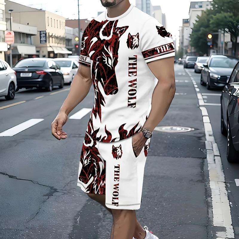 Мужской костюм, летний повседневный дышащий освежающий костюм с принтом 3D волка, свободный мужской топ, модный, короткие рукава