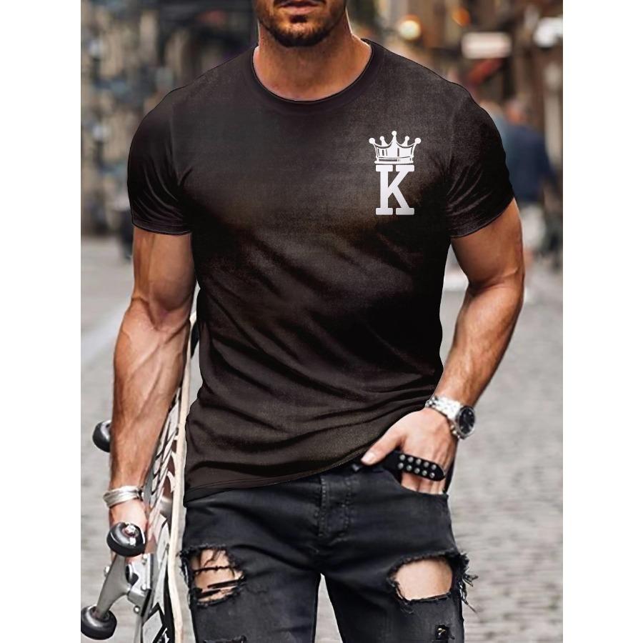 Men's Casual Short Sleeved T-shirt with Round Neck KING Pattern Printed Top T-shirt for Men's Street Wear