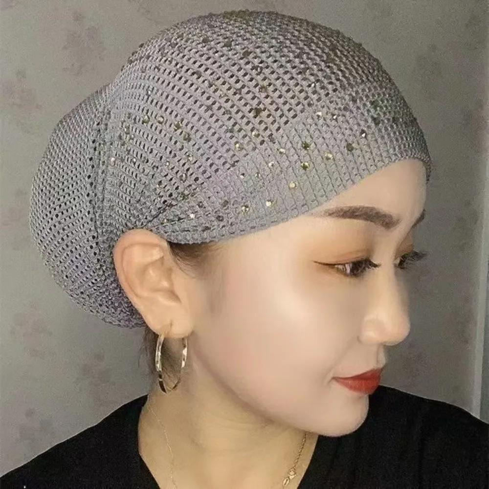 1pc New Full Cover Bonnet Hat Elastic Breathable Headscarf Cover White Hair Rhinestone Headwear Gift