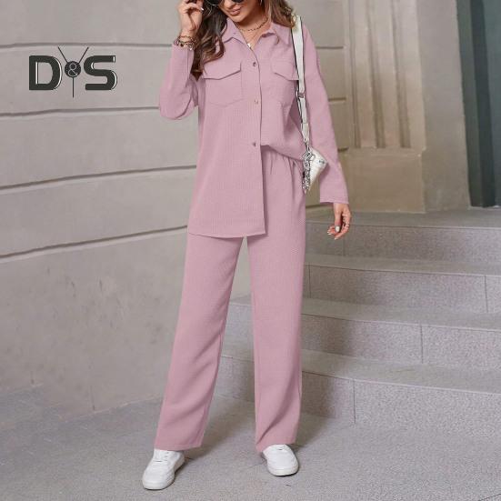 2 Pcs/Set Fall Spring Women Shirt Pants Set Long Sleeves Lapel Button-down Blouse with Chest Pocket Elastic Waist Trousers OL Commuting Sport