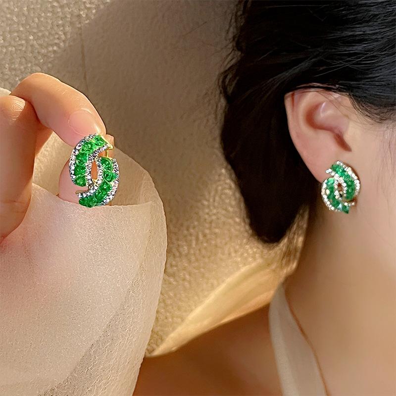 Temperament Emerald Exquisite Niche Design Diamond-Encrusted Geometric Earrings Trendy Light Luxury High-End Stud Earrings