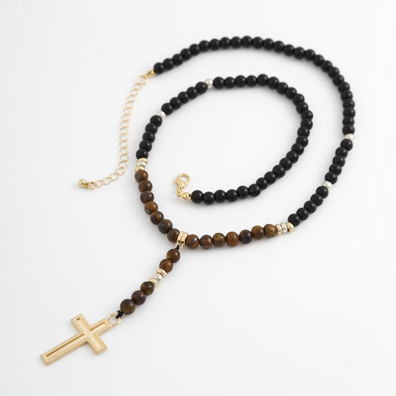 Винтажное ожерелье из бисера с натуральными тигровыми камнями для мужчин, подвеска в виде креста в стиле хип-хоп, длинные цепочки с бусинами, ожерелье, мужское ожерелье, ювелирные изделия