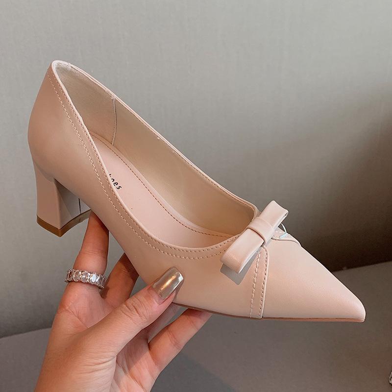 Туфли на высоком каблуке с острым носком, женские туфли с неглубоким носком и толстым бантом, женская корейская версия профессиональной рабочей женской пригородной обуви