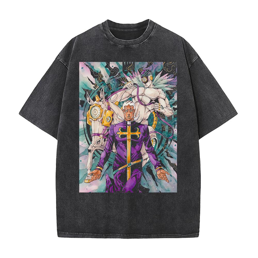 Горячая Аниме JoJo's Bizarre Adventure Made In Heaven Одежда Мужчины Женщины Футболки Хлопковая Футболка с Эффектом Стирки Ретро Футболка Харадзюку Футболка