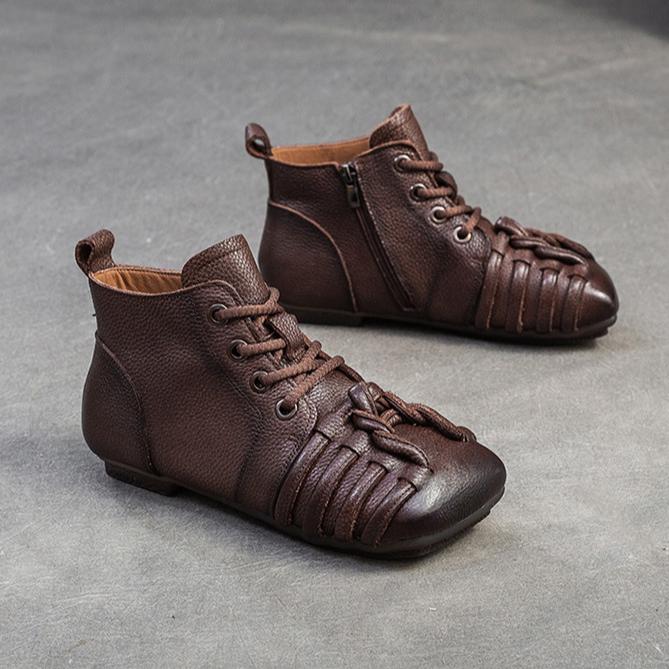 Johnature Retro Short Boots Comfortable Genuine Leather Casual Versatile Woven Women's Shoes