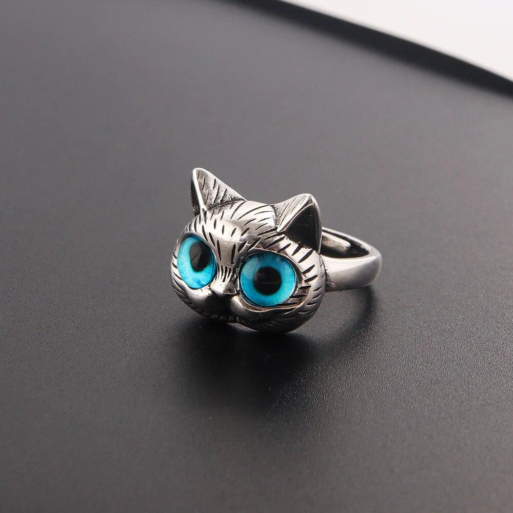 Fashion Silver Color Fat Cat Blue Eyes Cute Ring For Men Retro Blue Acrylic Couple Ring Women Party Jewelry Wholesale