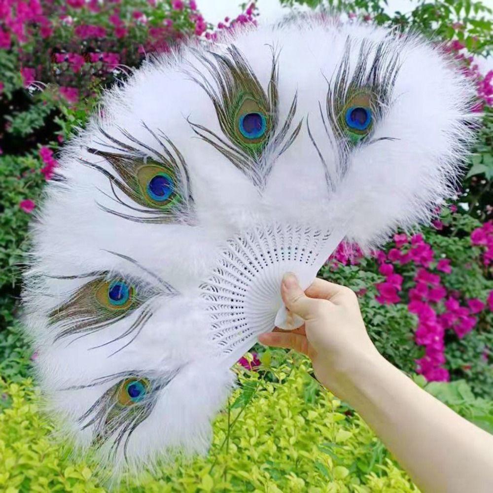 Handheld Peacock Feather Fan With Tassel Feather Dance Fan Elegant Folding Hand Fan Home