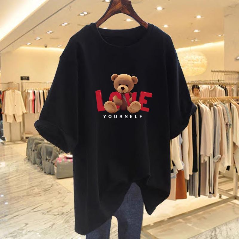 Женская летняя хлопковая футболка с принтом медведя - Корейский стиль, Свободный крой, Короткий рукав