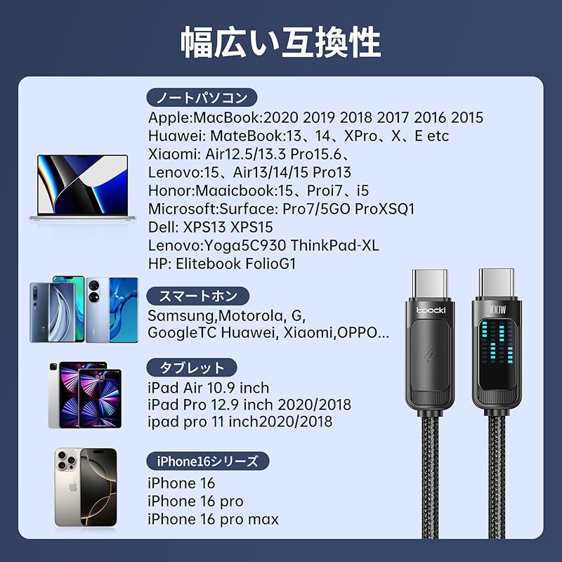 Toocki Usb C Cable 2M 100W Black PD/QC Compatible Type C Cable Fast Charging Equipped with LED Display Type-c Nylon Knitting Data Transfer Phone
