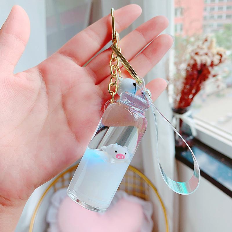 Lovely Floating Pig In Milk Acrylic Keychain With Stylish Bell Great For Gifts