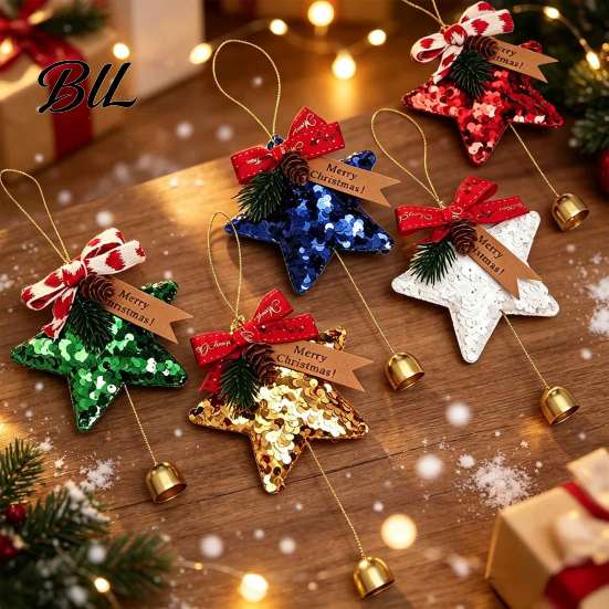 Decorative Star for Home Glitter Bell Ornaments, Sequin Hanging Decoration with Bow Pine Decor Bows Cone, Sparkly Christmas Tree Pendant Holiday Party