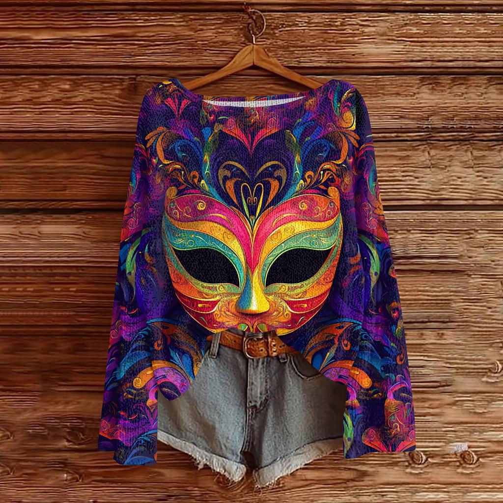 Женский повседневный модный топ с круглым вырезом, с карнавальным принтом, с длинным рукавом, вязаный пуловер