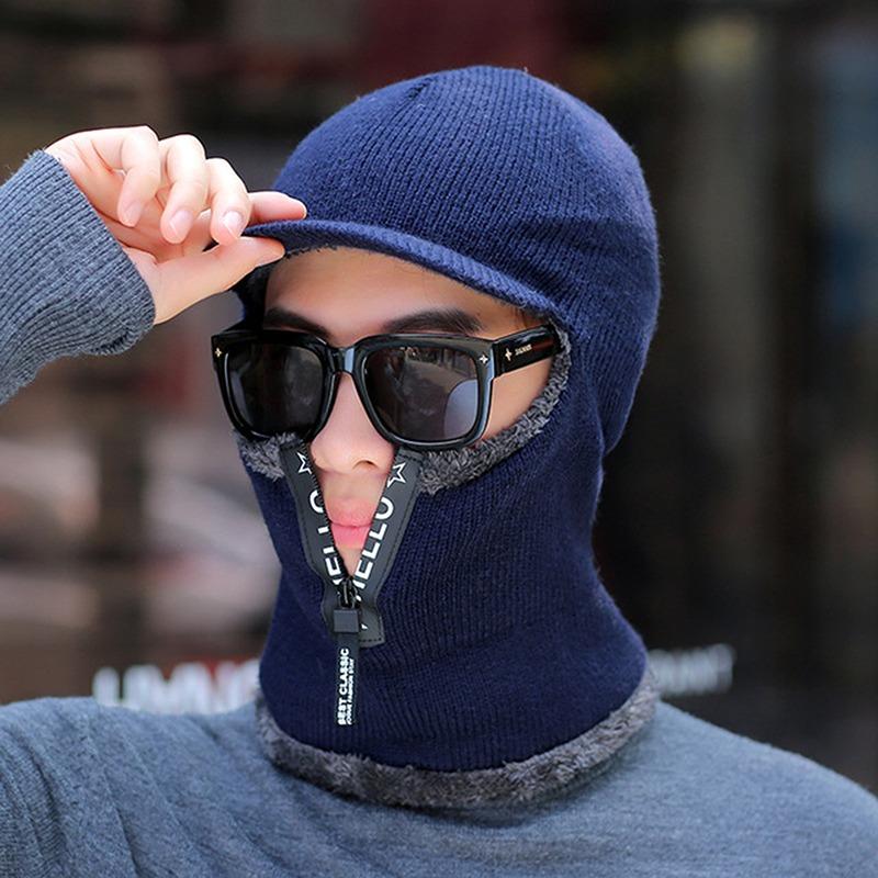 Solid Color Knitted Hooded Hat for Unisex Neck Guard Zipper Scarf Beanie Warm Autumn Winter Headwear Face Cover Thermal Cap