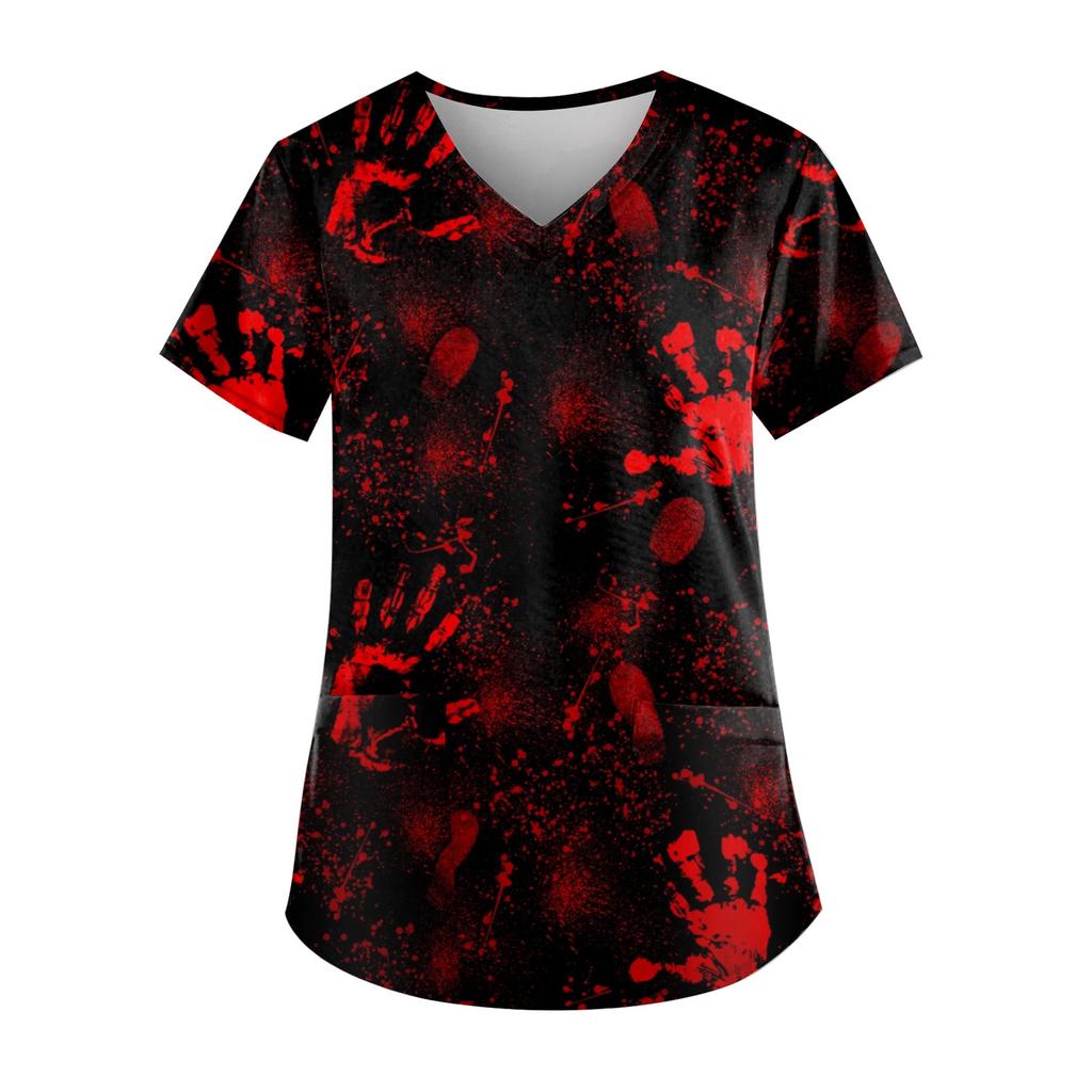 Плюс размер Хэллоуин печатная рабочая форма Топы для женщин футболки с v-образным вырезом и короткими рукавами рабочая одежда футболка с карманами