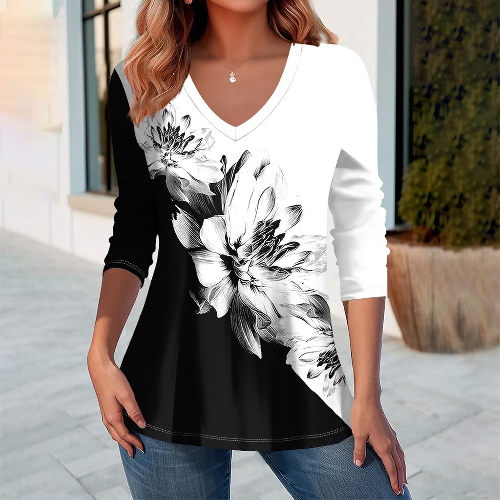 Summer New Fashion Women's Casual Long-sleeved Printed T-shirt
