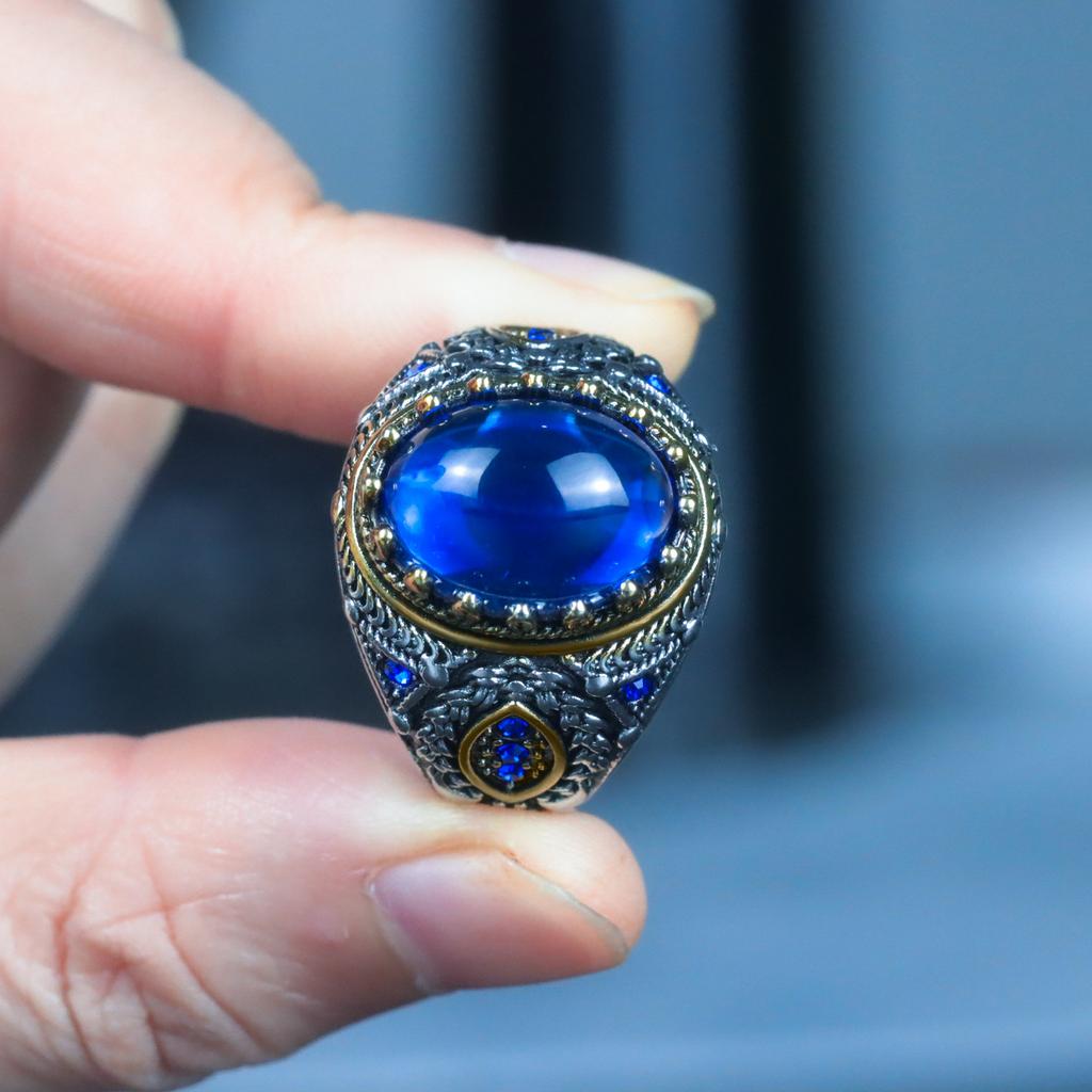 Retro Hemp Rope Braided Pattern Sapphire Men's Punk Fashion Two-color Ring