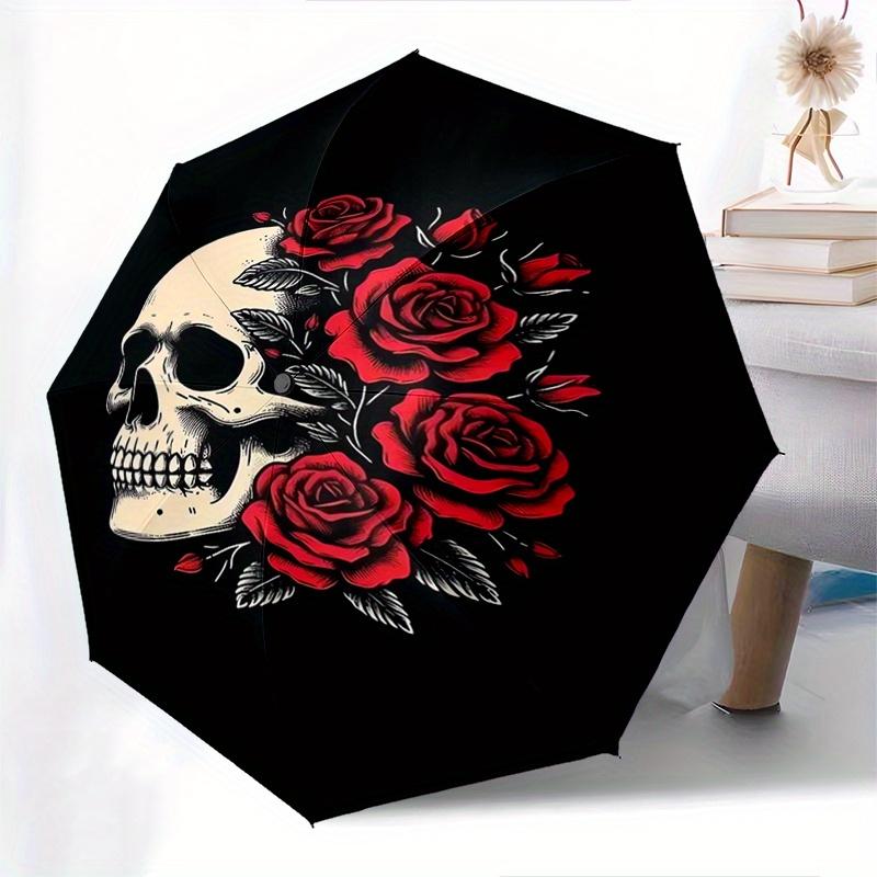 Skull Roses Automatic Folding Umbrella  8 Ribs, Durable Iron Frame, Bright Color Pattern Compact Travel Umbrella, Suitable for Outdoor, Beac