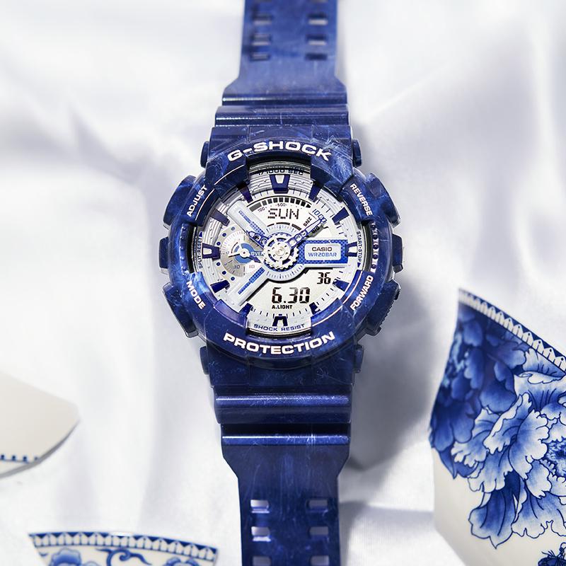 Casio LCD/pointer dual display series G-SHOCK national trend blue and white porcelain theme classic trend waterproof and shockproof GA-110BWP-2APFQ