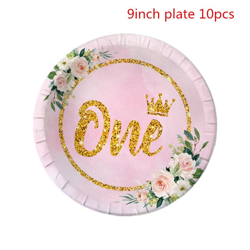 One First Happy Birthday Party Decorations Pink Flower Crown Disposable Tableware Baby Shower 1 Year Old Birthday Party Supplies