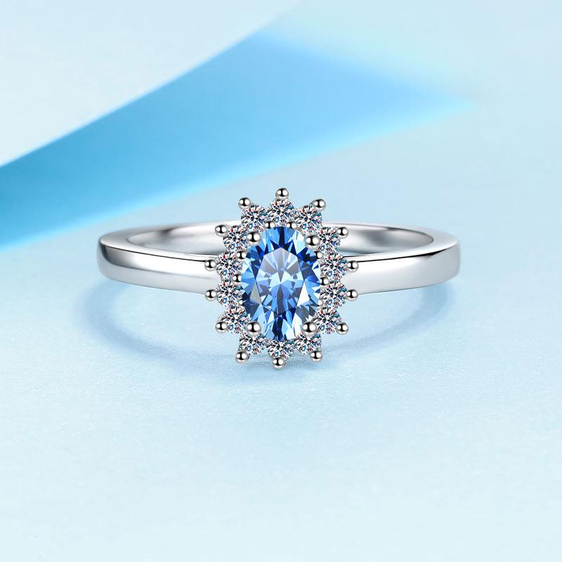 S925 Sterling Silver Blue Moissanite Ring for Women Plated Pt950 Gold Pigeon Egg European and American Retro Ring Wedding Ring Proposal Diamond Ring
