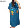 Women Summer Turn Down Collar Casual Short Sleeve Print Shirt Dress