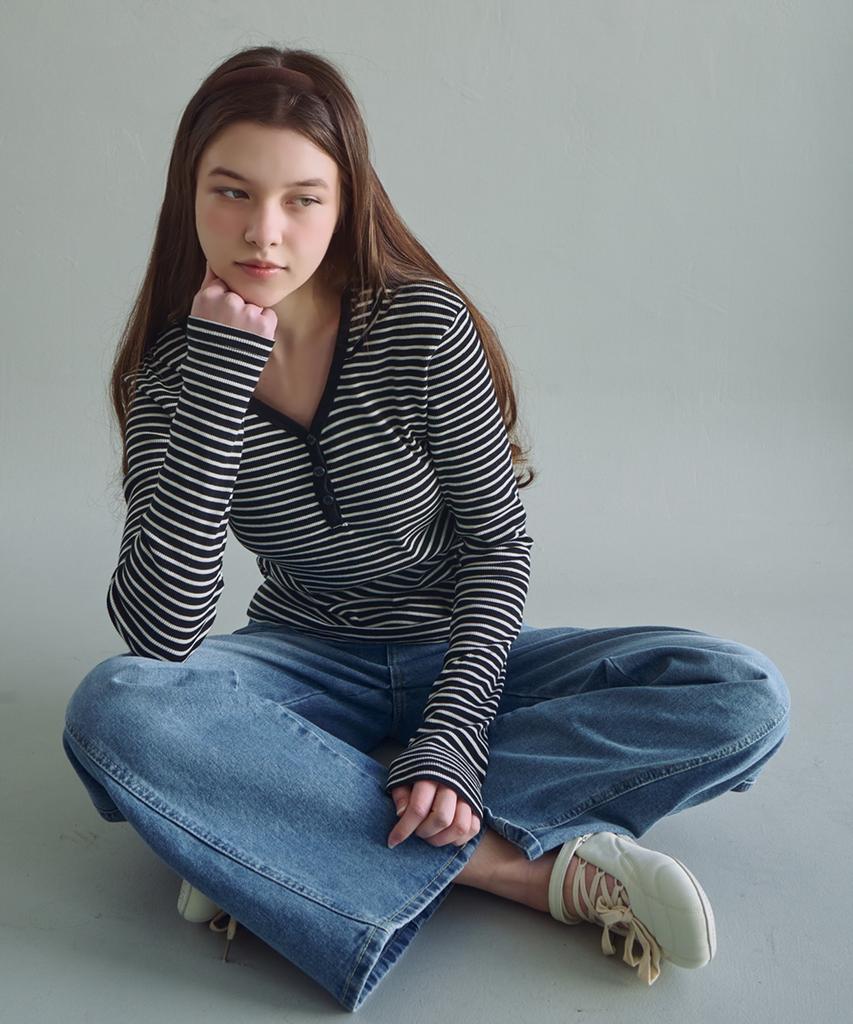 SLOWLOLLI Striped Button Hoodie Slim T-Shirt_2 Colors