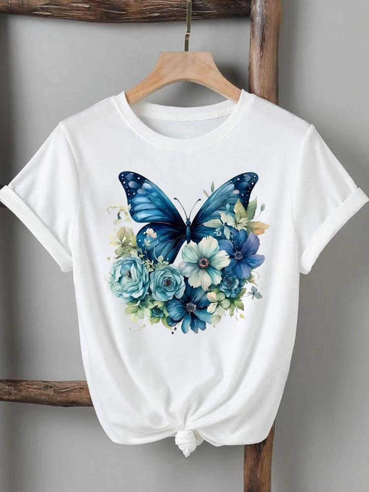 (Asian Size) flower butterfly cute Clothing Tee Top female Print Female T Shirt Woman Women Fashion Short Sleeve Graphic T-shirts