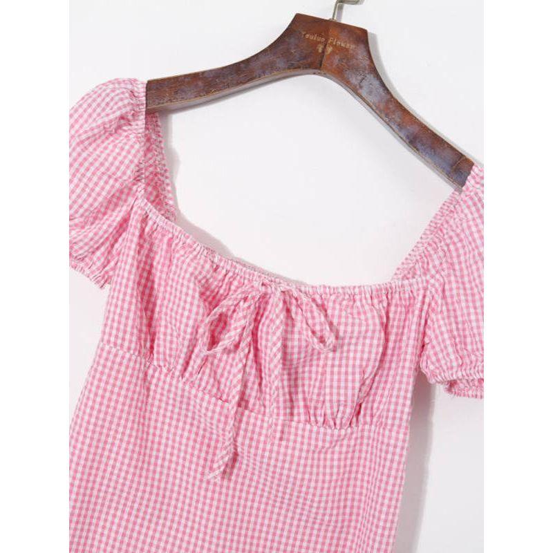 2025 Summer Women clothes Korean Style Fresh Color Matching Plaid Sweet Square Collar Puff sleeve High Waist Slim fit Younger Dress