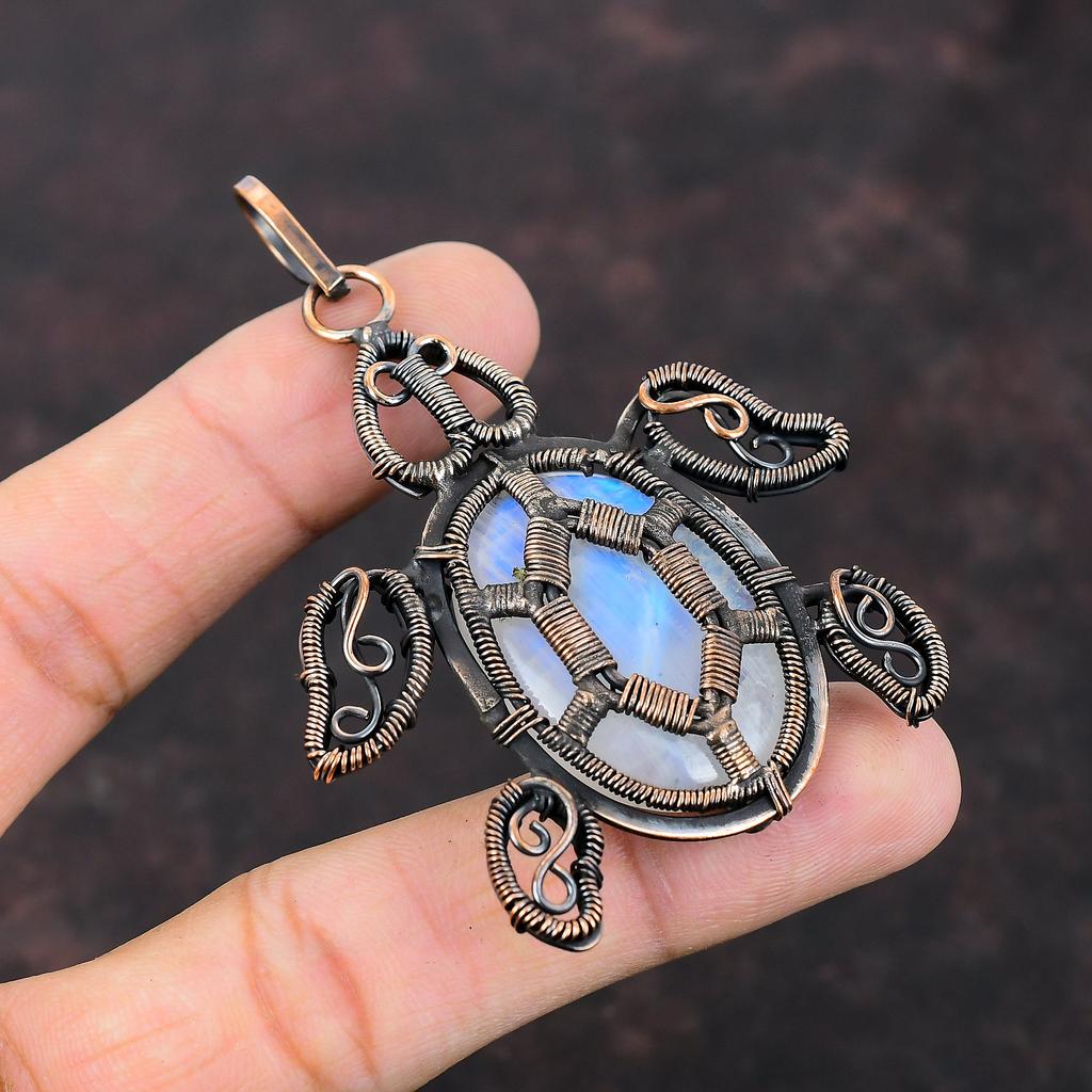 Радужный кулон с лунным камнем, медная проволока, обернутая кулоном, ювелирные изделия из драгоценных камней, кулон с черепахой ручной работы, уникальный медный дизайн, ювелирный подарок для женщин