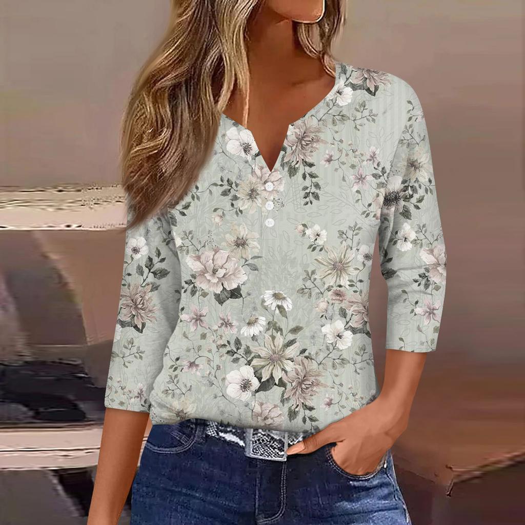 Жен. Футболка Футболка С принтом Пуговицы Рукав 3/4 Повседневные Выходные Мода Классический Классический V-образный вырез Обычный Верх