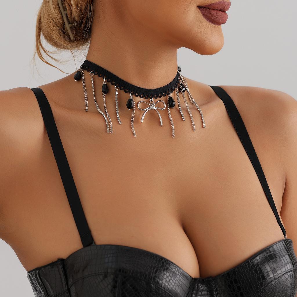 Accessories, Dark Wind Ribbon Neck Chain Bow Necklace, Halloween Tassel Chain Collarbone Chain Female